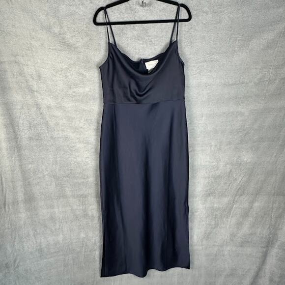 BHLDN Dress Womens 16 Navy Cali Satin Cowl Neck Midi Slip Cocktail Wedding - Picture 2 of 16